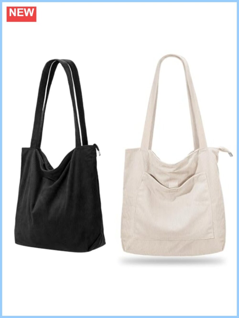 Corduroy Tote Bag with Zipper, Large Capacity Shoulder Handbag, Inner Pockets